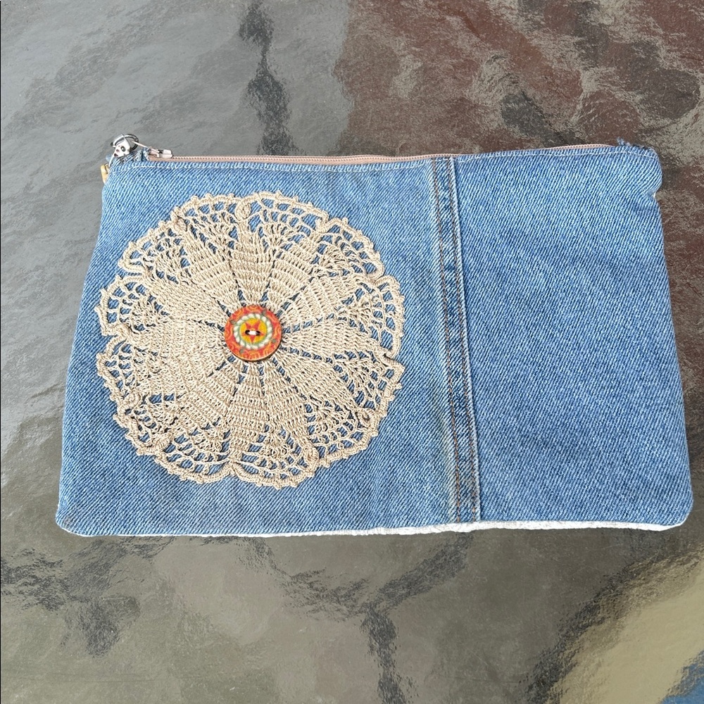 Denim Clutch with Crochet Accent